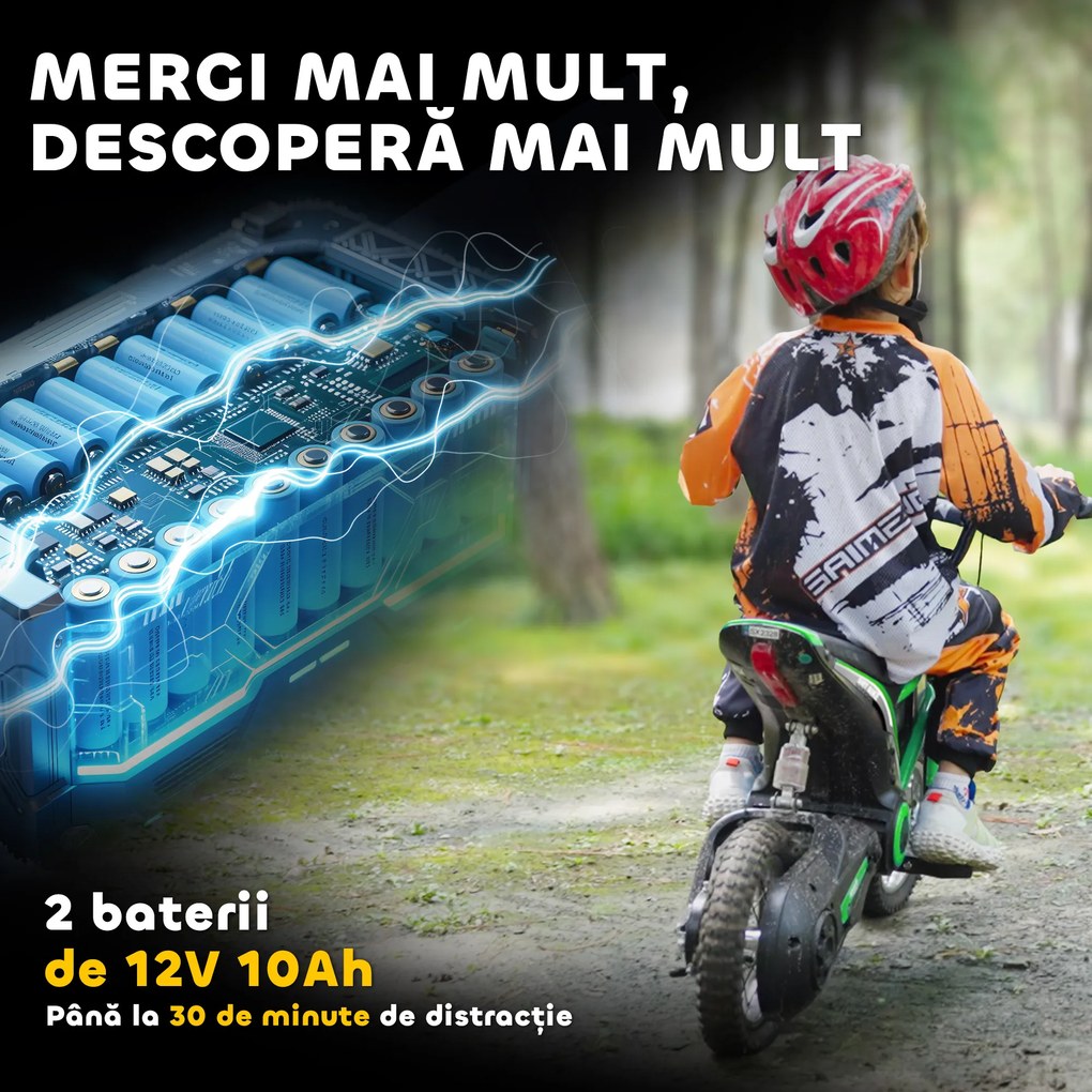 HOMCOM Motocicletă Electrică pentru Copii cu Accelerație Manuală, 2 Viteze, 8-16 km/h, Vârsta 8-12 Ani, Verde | Aosom Romania