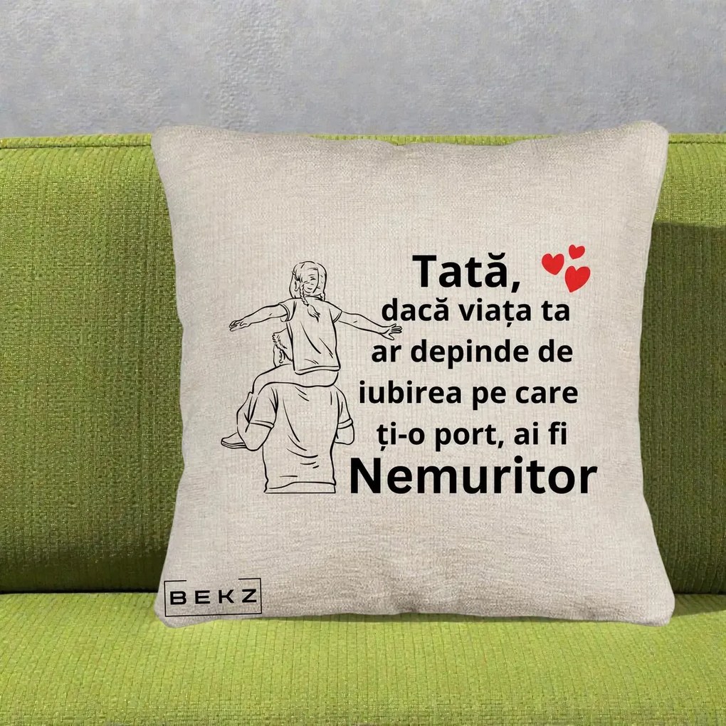 Cadou pentru Tata - Perna Personalizata Tata Supererou Nemuritor, 40x40 cm, Bej Canapea, Husa Detasabila, Perna Inclusa, BEKZ®