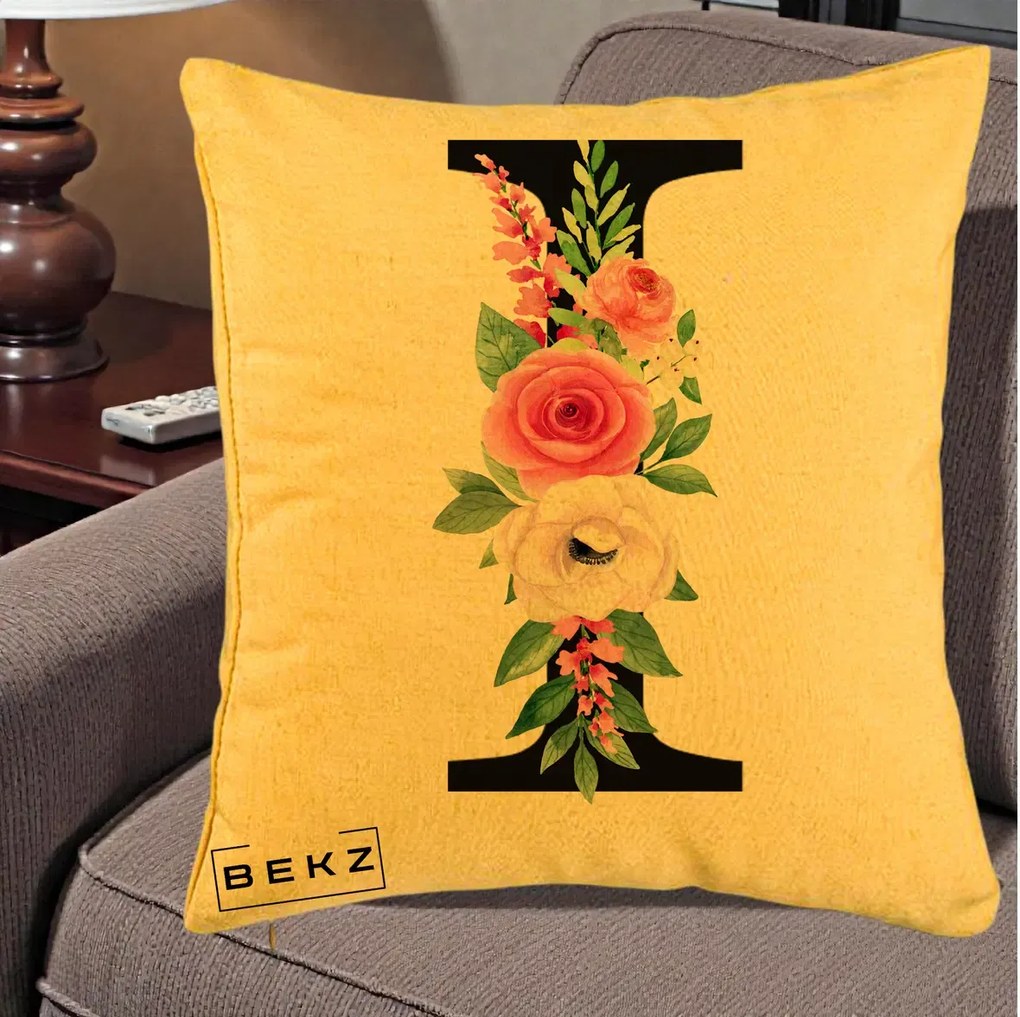 Cadou Personalizat - Perna Personalizata Monograma Florala Litera I, 40x40 cm, Galben, Husa Detasabila, Perna Inclusa, BEKZ®