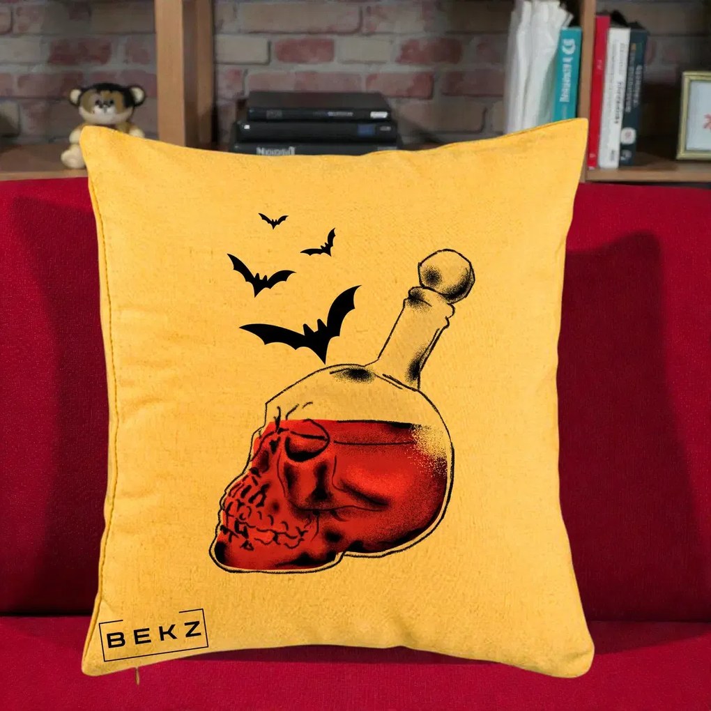 Perna Decorativa Halloween Craniu-Sticla cu Lilieci, 40x40 cm, Galben, Husa Detasabila, Perna Inclusa, BEKZ®