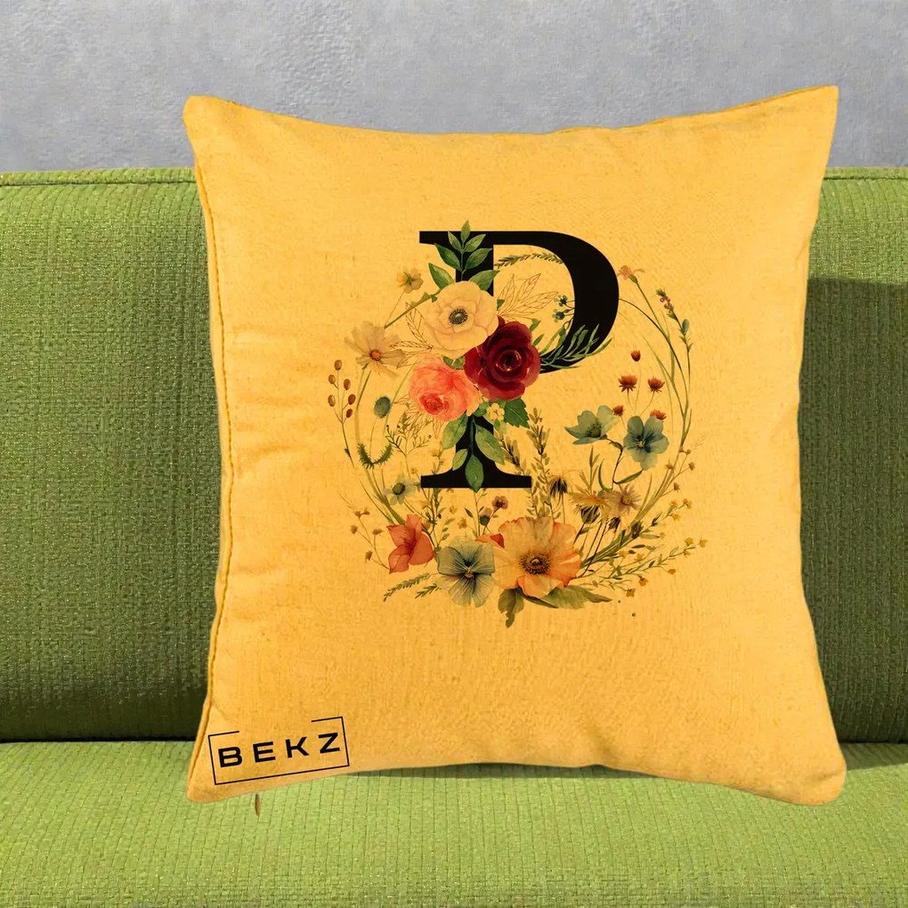 Cadou Personalizat - Perna Personalizata Monogram Litera P cu Flori Acuarela, 40x40 cm, Galben, Husa Detasabila, Perna Inclusa, BEKZ®