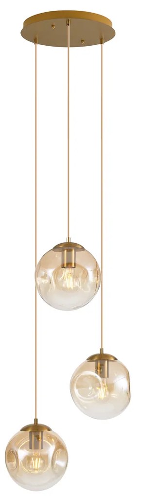 Lampă suspendată Art Deco din alamă cu sticlă chihlimbarie cu 3 lumini - Douglass
