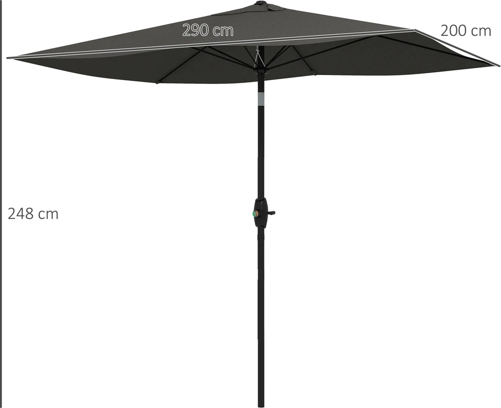 Outsunny Umbrelă de Soare Dreptunghiulară, Umbrelă pentru terasă cu înclinare și deschidere cu manivelă, 300x200x248 cm, Gri | Aosom Romania