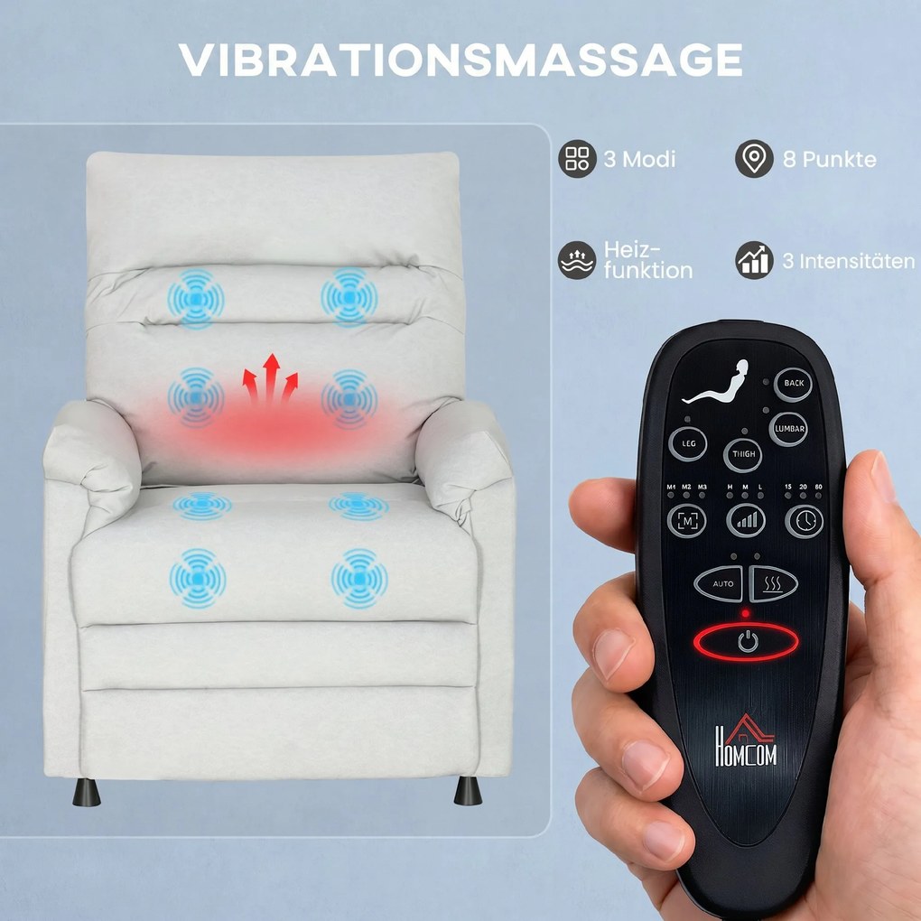 HOMCOM Fotoliu Relaxant Electric cu Masaj și Încălzire și Suport pentru Picioare, Silențios, Fotoliu Reclinabil 150° în Catifea Prietenoasă cu Animalele cu Funcție de Memorare, 2 Telecomenzi pentru Sufragerie, Gri Deschis | Aosom Romania