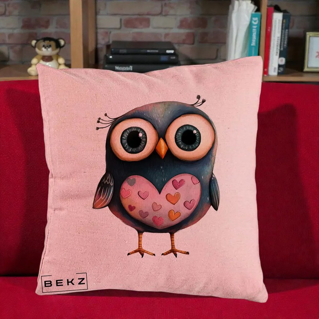 Perna Decorativa Bufnita cu Inimioare Roz, 40x40 cm, Roz, Husa Detasabila, Perna Inclusa, BEKZ®