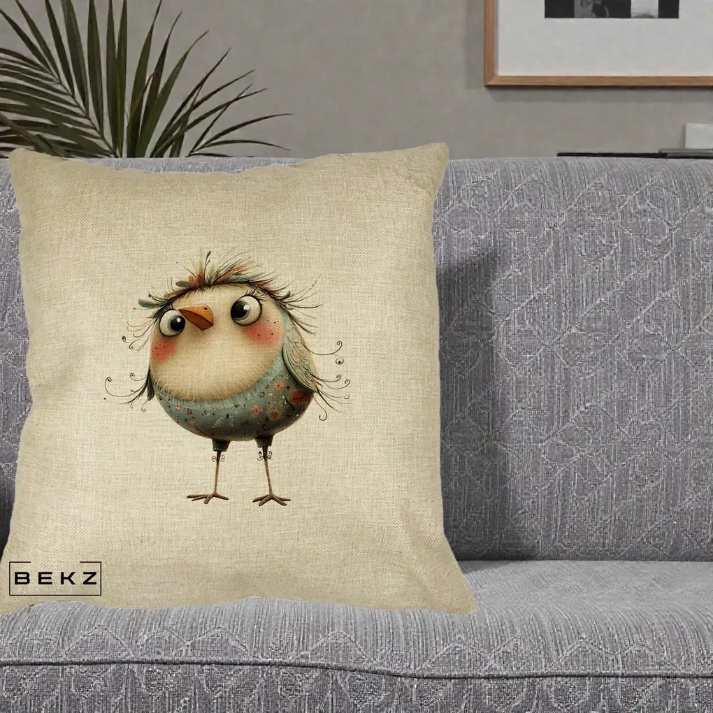 Perna Decorativa Pasare cu Penaj Zbarlit si Gene, 40x40 cm, Crem, Husa Detasabila, Perna Inclusa, BEKZ®