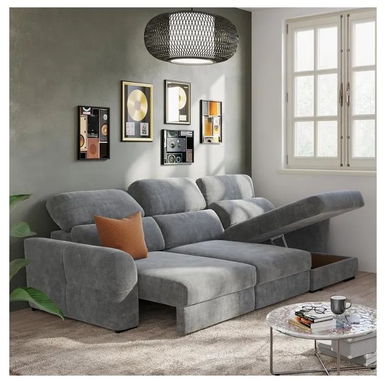 Canapea colțar extensibilă TRENTO, 3 locuri, reversibilă, cu spațiu de depozitare, gri
