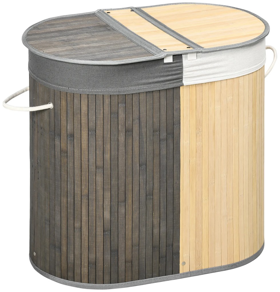 HOMCOM Cos de rufe din bambus 100L cu 2 sectiuni, capac si sac detasabil 62,5 x 37 x 60,5 cm - gri | Aosom Romania