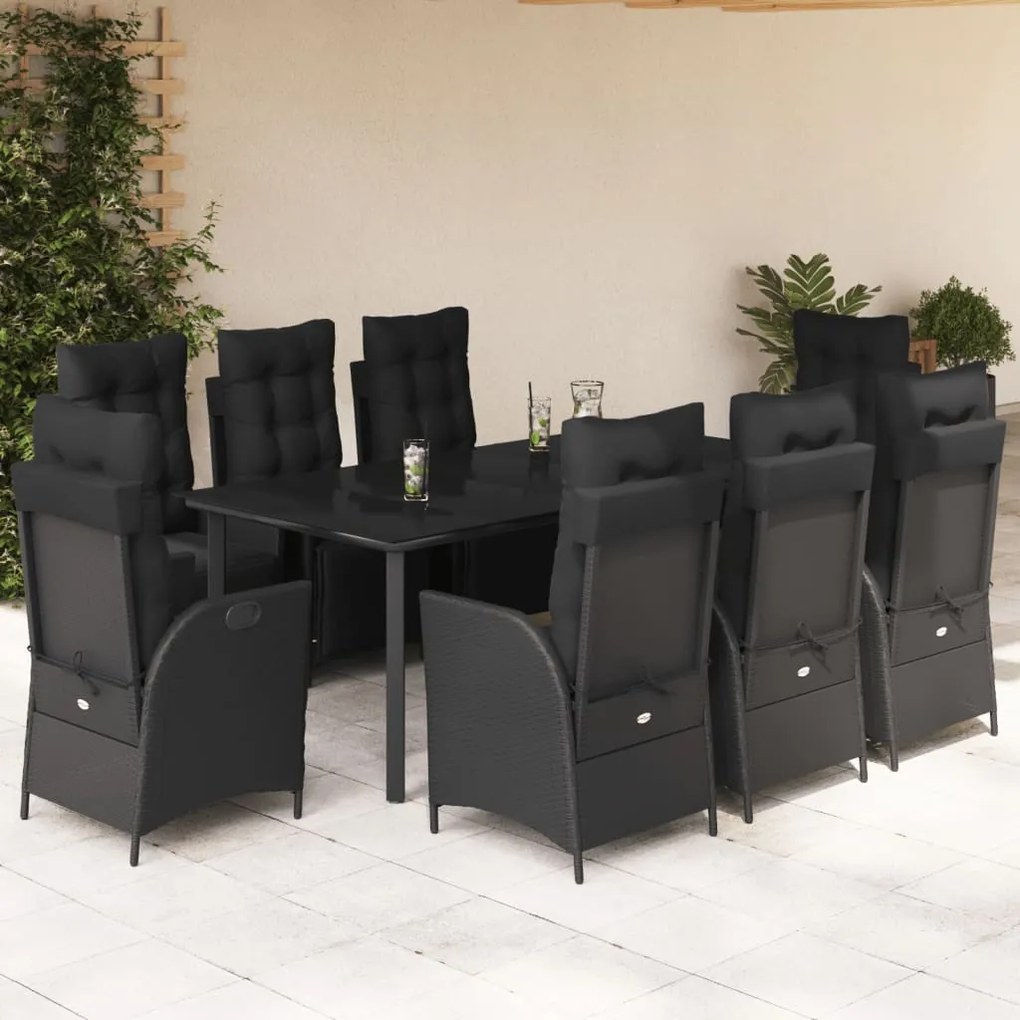 3213405 vidaXL Set mobilier de grădină cu perne, 9 piese, negru, poliratan