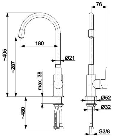Baterie de chiuvetă cu pipă flexibilă KFA Armatura 6553-915-00 RUMBA 40,5 cm alamă/negru