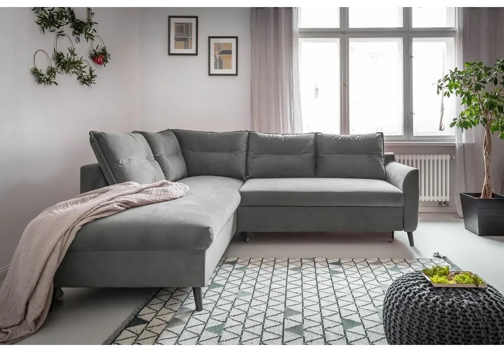 Colțar extensibil din catifea cu șezlong pe partea stângă Miuform Stylish Stan L, gri deschis