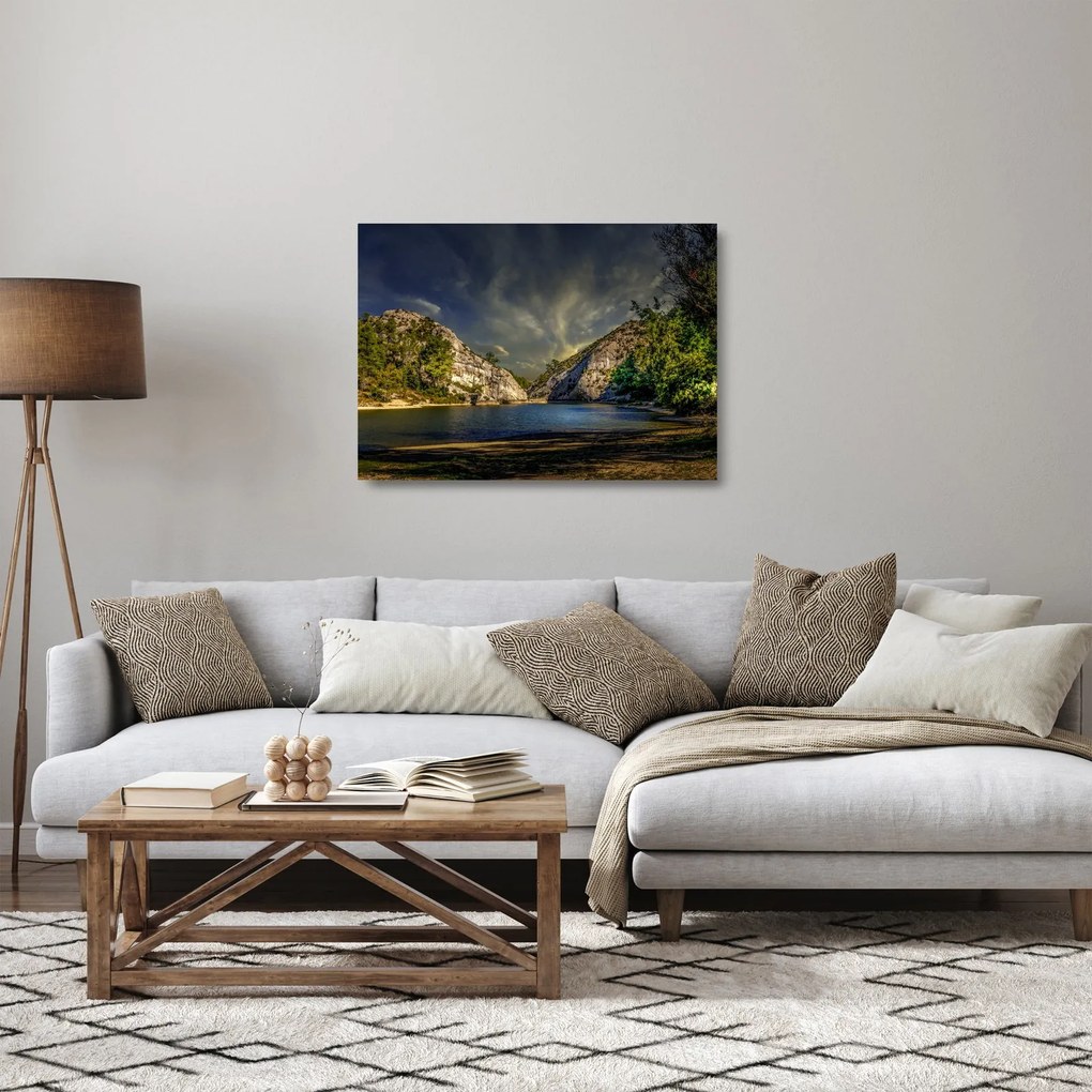 Tablou pe sticlă peisajului cu lac (70x50 cm)