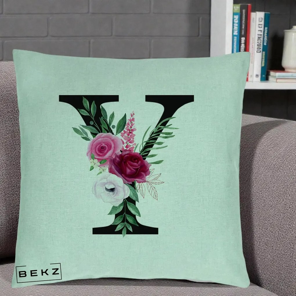 Cadou Personalizat - Perna Personalizata Monograma Florala Litera Y cu Buchet, 40x40 cm, Verde Menta, Husa Detasabila, Perna Inclusa, BEKZ®