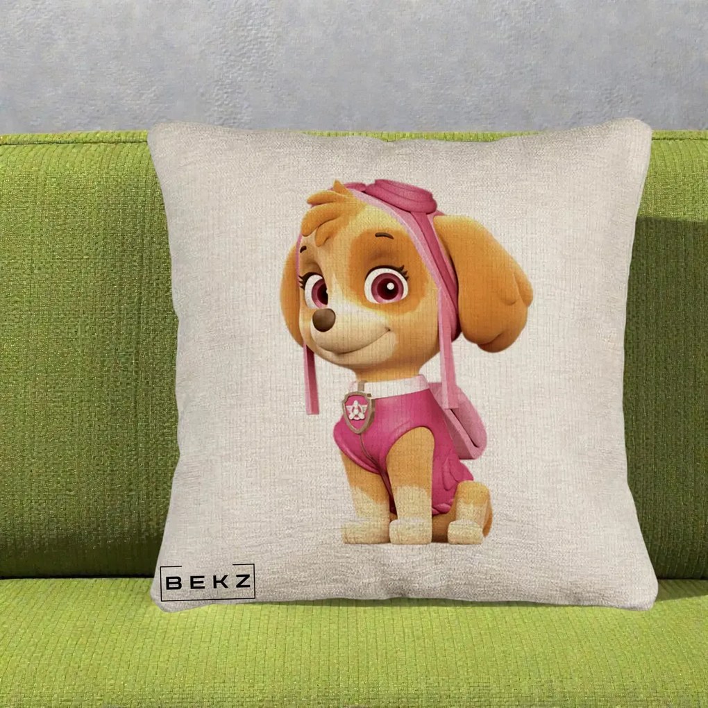 Perna Personalizata Skye PAW Patrol Roz, 40x40 cm, Bej Canapea, Husa Detasabila, Perna Inclusa, BEKZ®