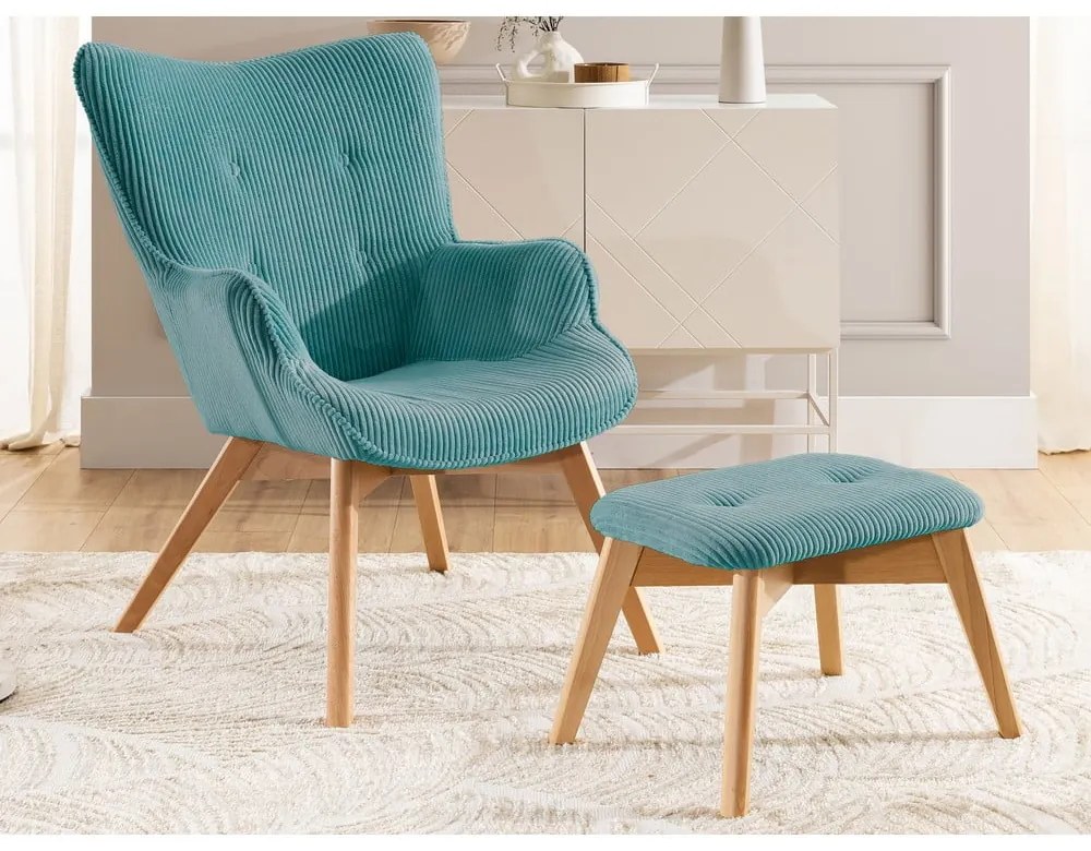 Fotoliu cu taburet turcoaz cu tapițerie din catifea reiată Niko – Ropez