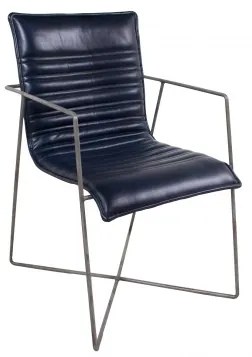 Scaun dining, albastru, din piele naturala si metal, Saint-Tropez