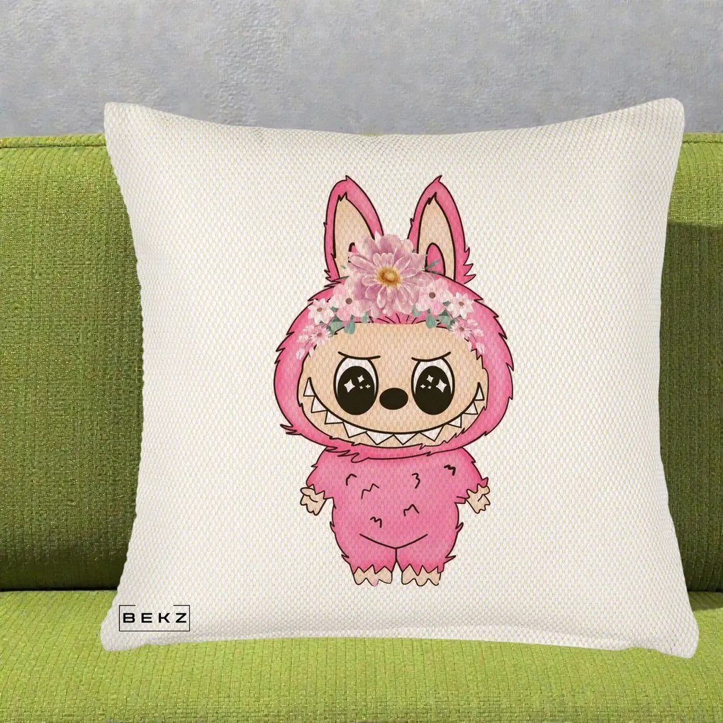 Perna Personalizata Labubu Roz cu Coroana Florala, 40x40 cm, Crem Reliefat, Husa Detasabila, Perna Inclusa, BEKZ®