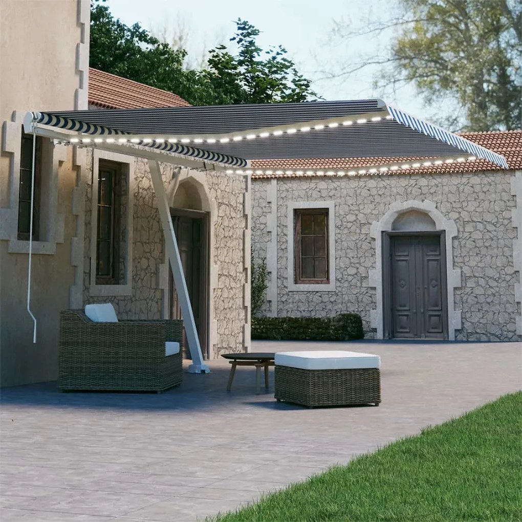 vidaXL Copertină retractabilă manual cu LED, albastru &amp; alb 400x300 cm