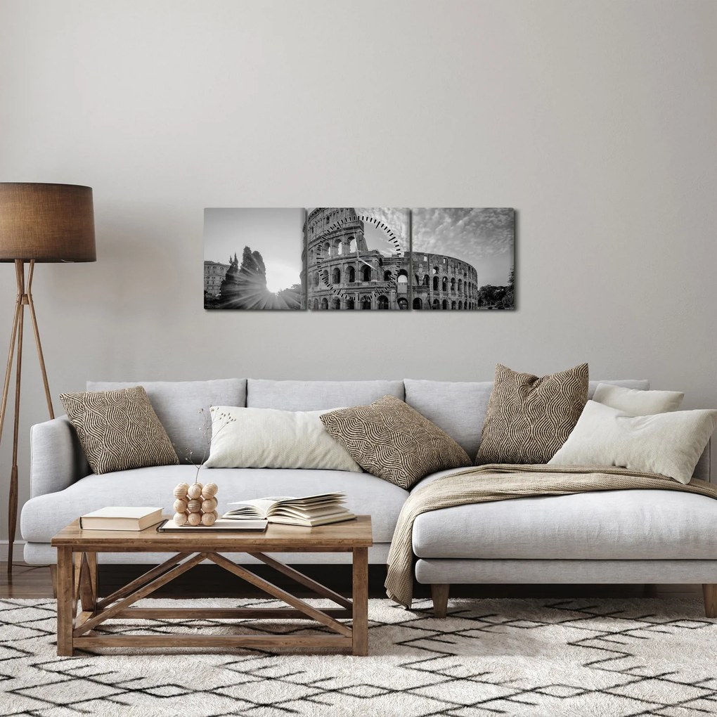 Tablou - Colosseum din Roma, alb-negru (cu ceas) (90x30 cm)