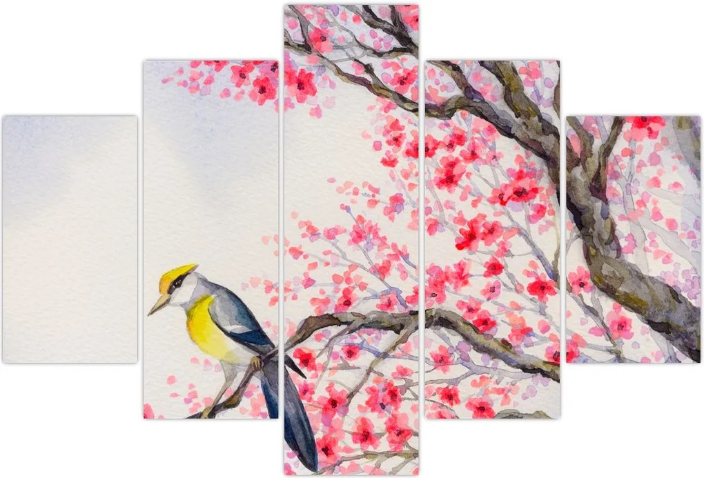 Tablou - Pasăre pe un copac cu flori roșii (150x105 cm)