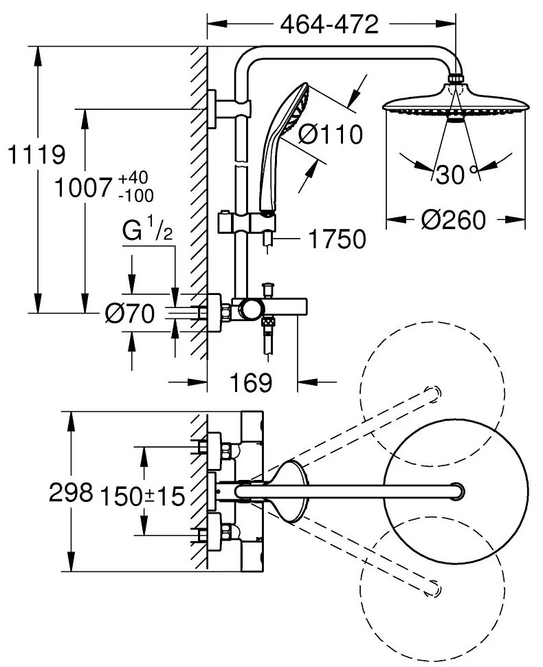 Coloana de dus crom cu baterie termostatata Grohe Euphoria System 260