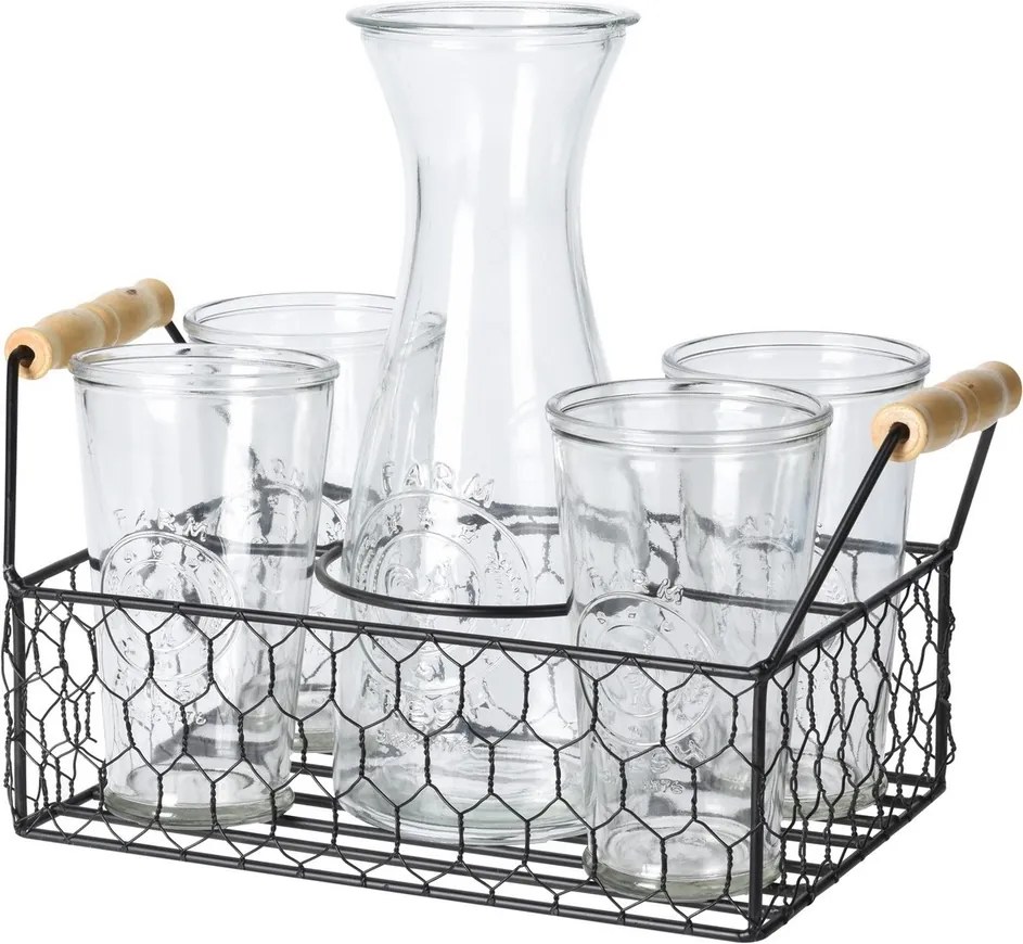 Set carafă și 4 pahare Koopman, în stativ din  sârmă