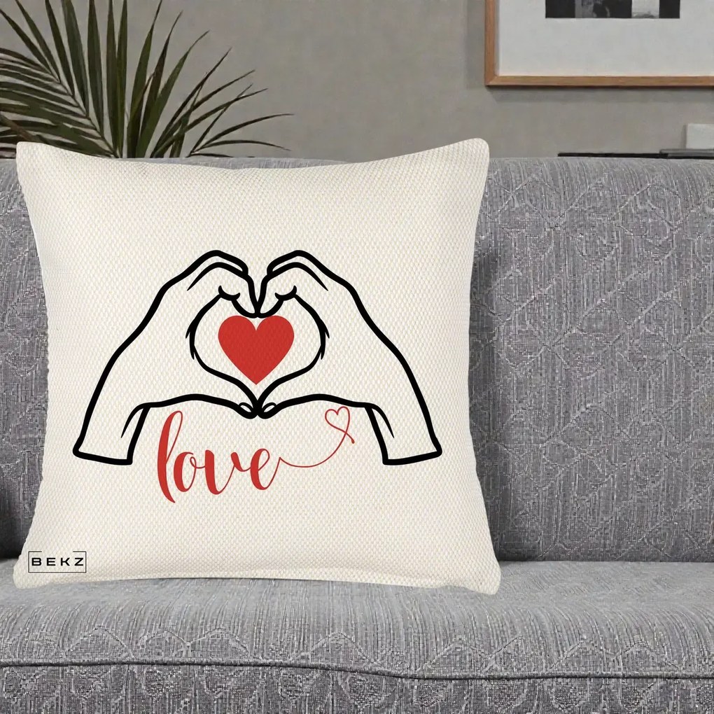 Perna Decorativa Love Maini Inima cu Inscriptie Love Rosu, 40x40 cm, Crem Reliefat, Husa Detasabila, Perna Inclusa, BEKZ®