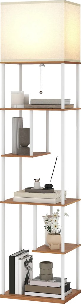 HOMCOM Lampă de podea cu rafturi Temperaturi de culoare reglabile 3000K-6500K Telecomandă Bec E27 Lemn natural | Aosom Romania