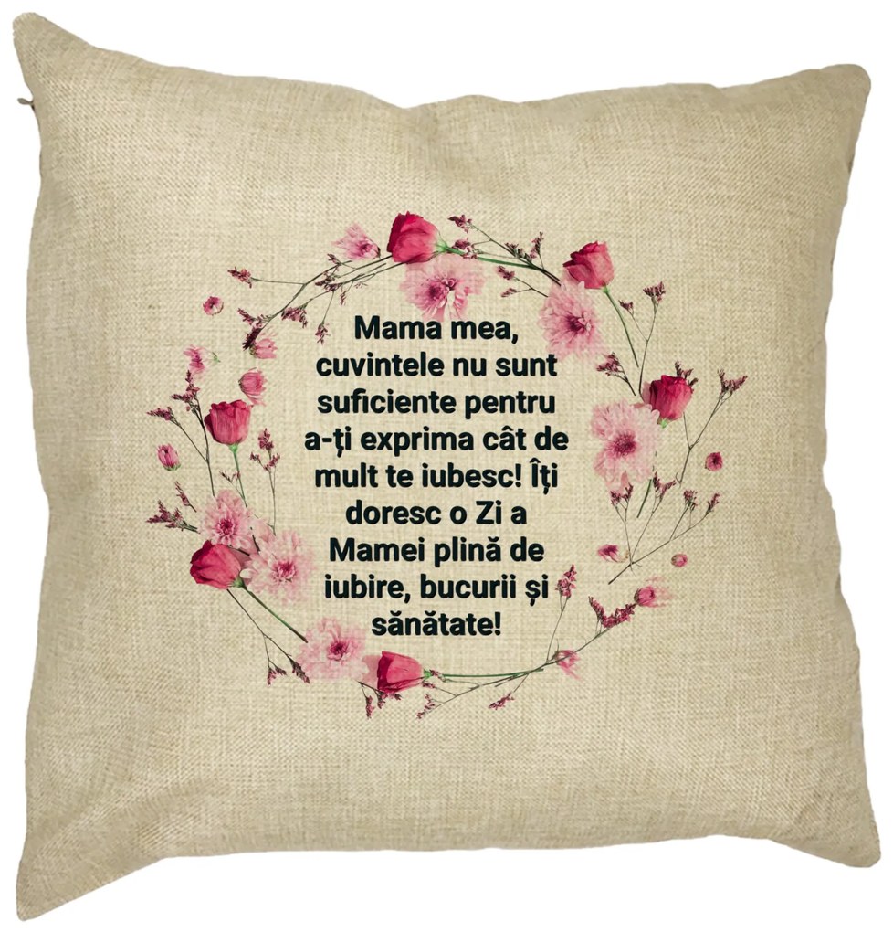 Perna Decorativa cu Model pentru Mama cu text 40x40 cm, Husa Detasabila, Burduf