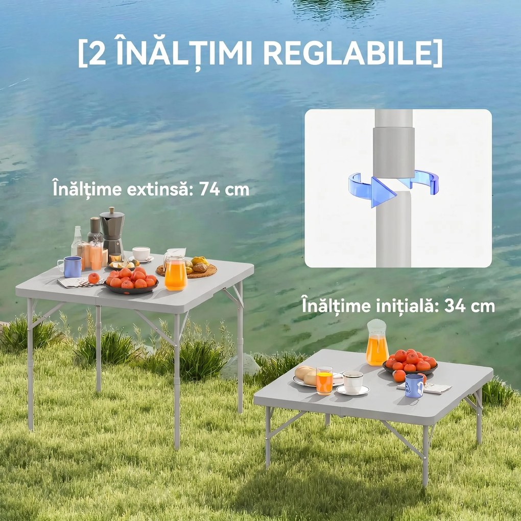 Outsunny Masă de Camping Pliabilă cu 2 Înălțimi Reglabile, 86x86x74 cm, Alb | Aosom Romania