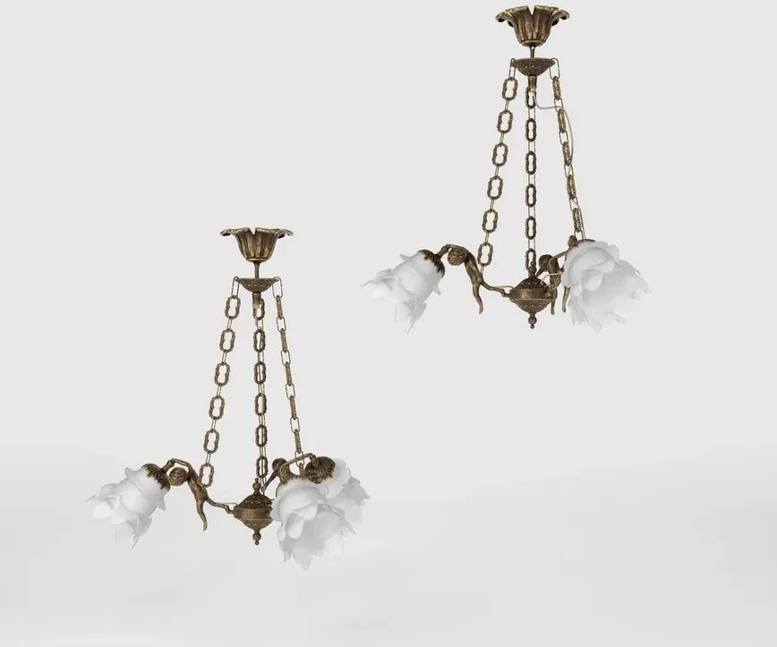 Candelabru 3 brate din alama cu abajur din sticla Putti