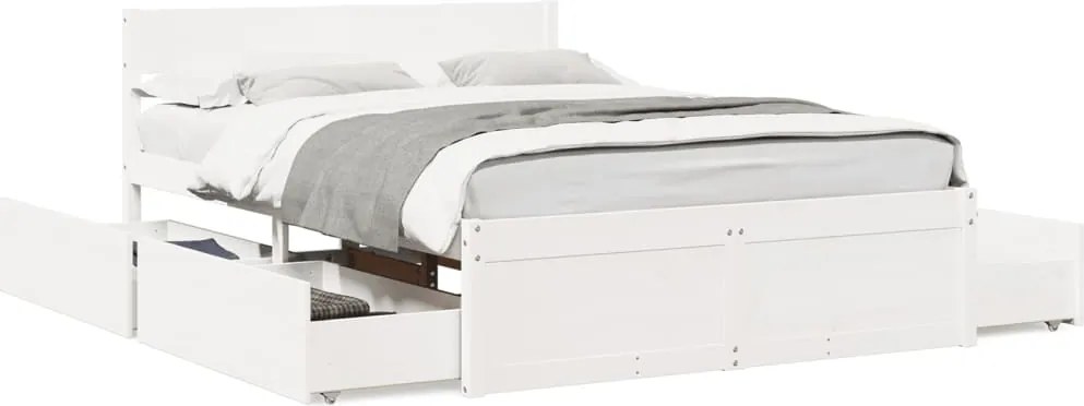 vidaXL Cadru de pat fără saltea, alb, 135x190 cm, lemn masiv de pin
