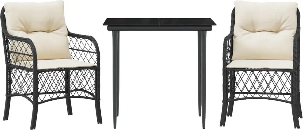 vidaXL Set bistro cu perne, 3 piese, negru, poliratan