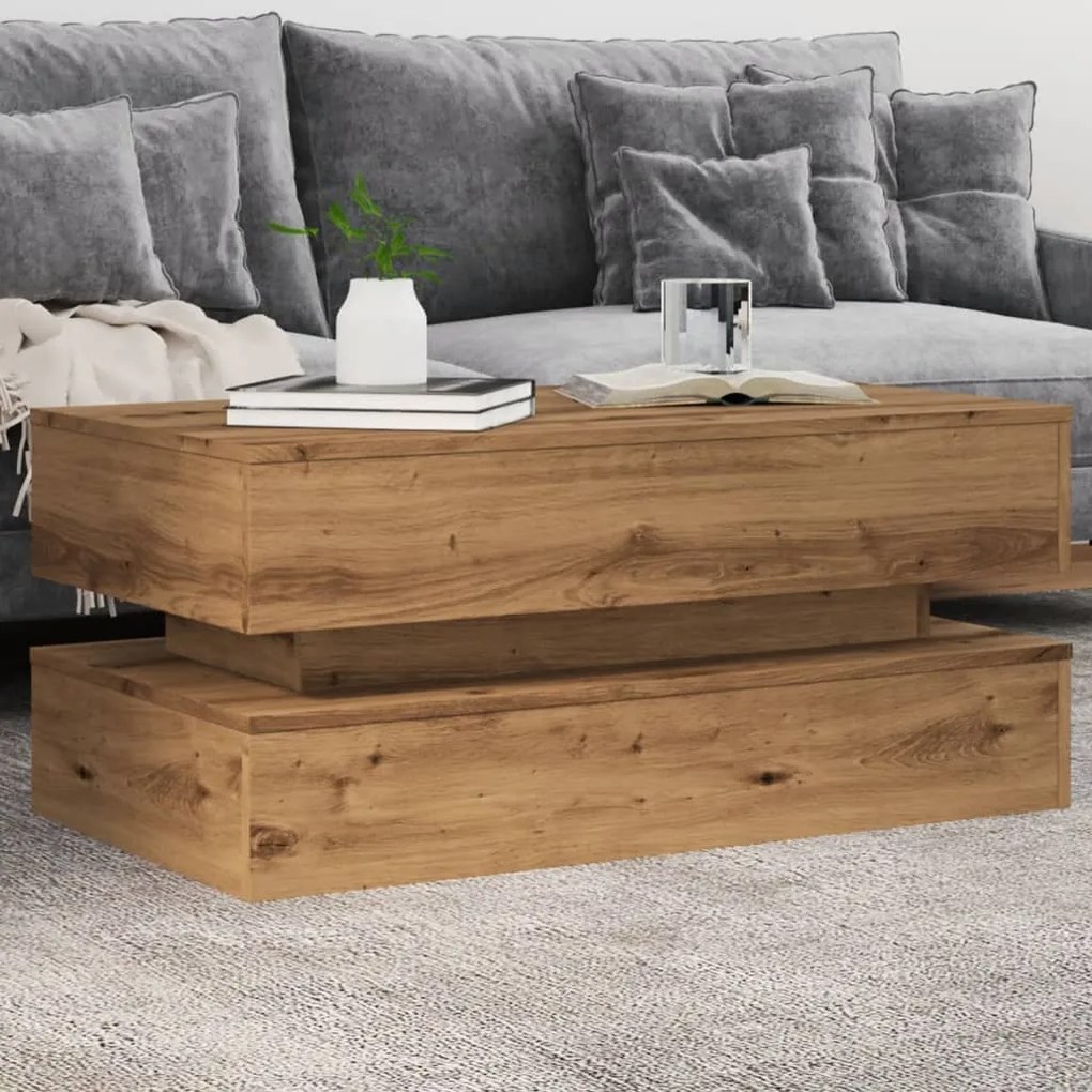 vidaXL Măsuță de cafea cu lumini LED, stejar artizanal, 90x50x40 cm