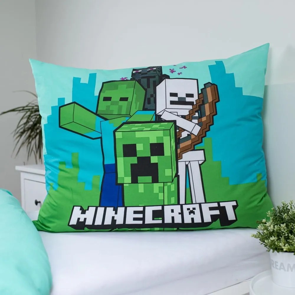 Lenjerie de pat pentru copii verde-albastră din bumbac pentru pat de o persoană 140x200 cm Minecraft "Mobs Here" – Jerry Fabrics