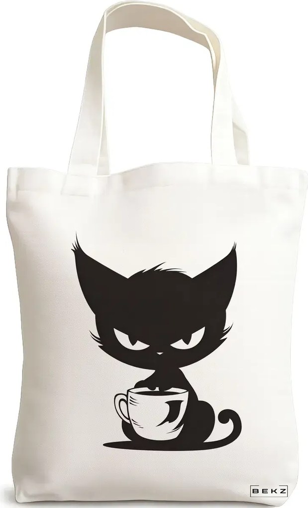 Sacosa de Panza pentru Cumparaturi, Geanta Tote, model Caffeine Cat 26 38 x 34.5 cm, Alba, BEKZ®