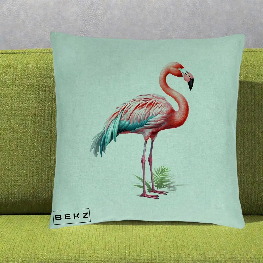 Perna Decorativa Flamingo Roz cu Pene Teal, 40x40 cm, Verde Menta, Husa Detasabila, Perna Inclusa, BEKZ®