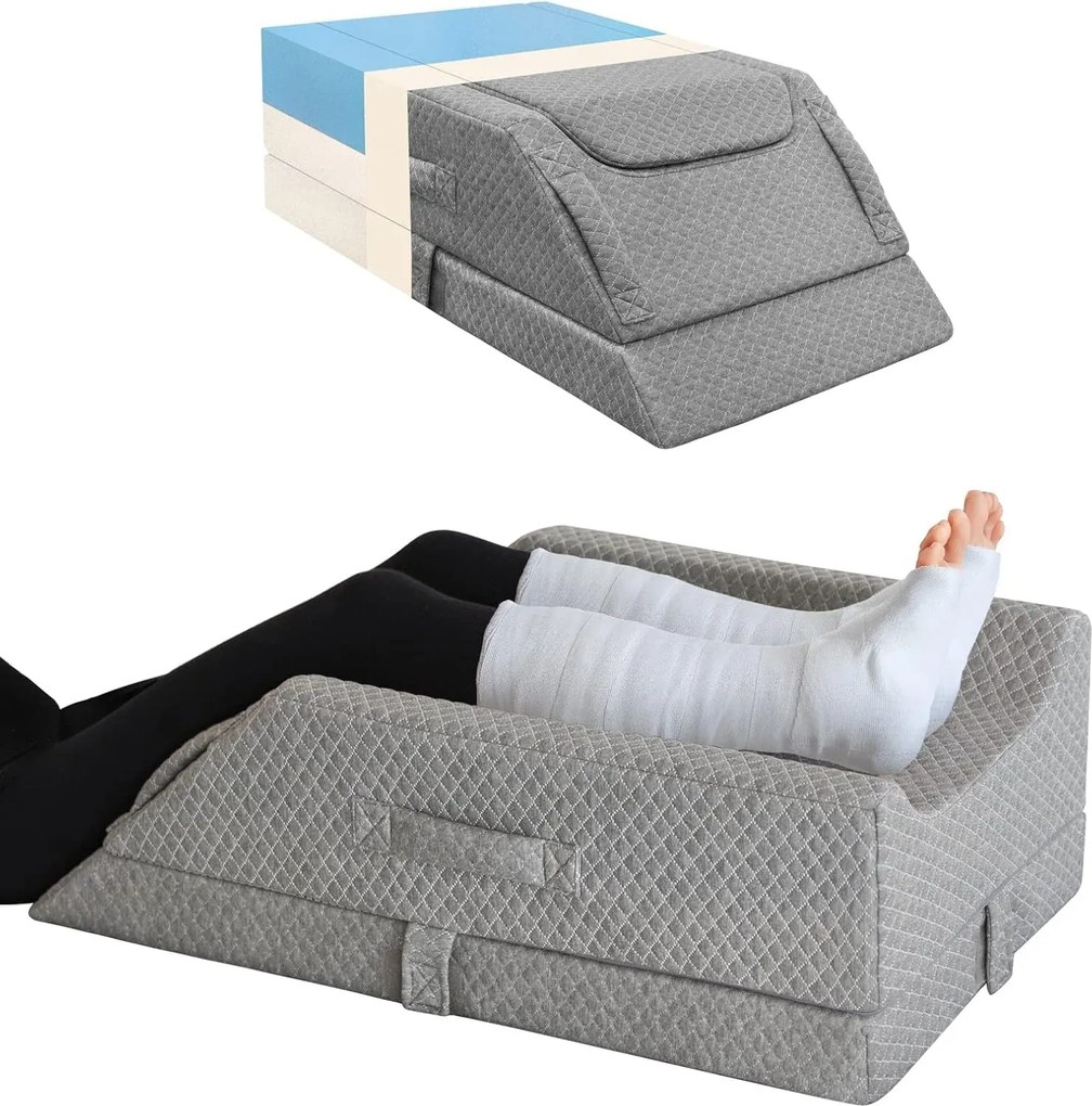 Perna ortopedica ridicare picioare, inaltime reglabila 3 niveluri, memory foam cu gel, husa matlasata, Gri