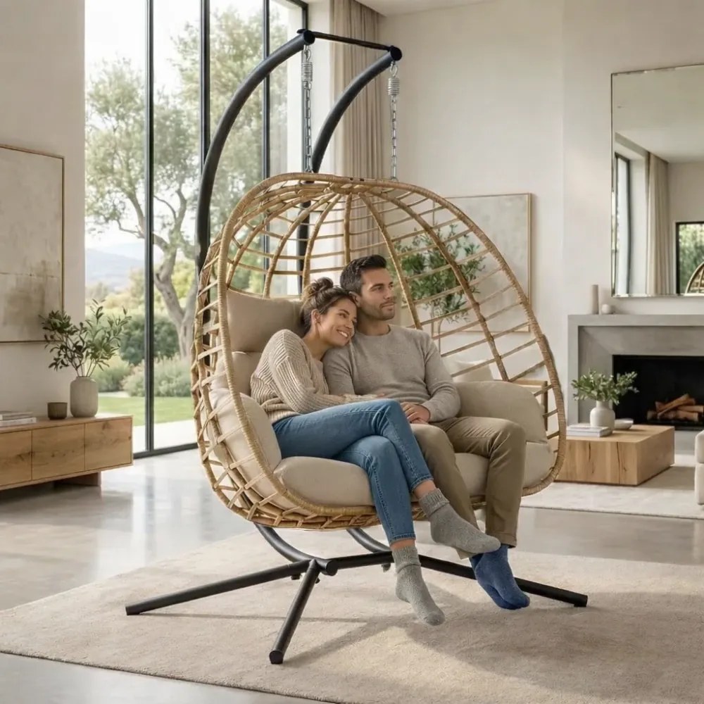 Fotoliu leagan dublu suspendat în formă de ou cu suport, hamac pentru terasă, balansoar pentru 2 persoane, cos pliabil, cu perne detasabile, pentru interior, gazon, grădină, Bej