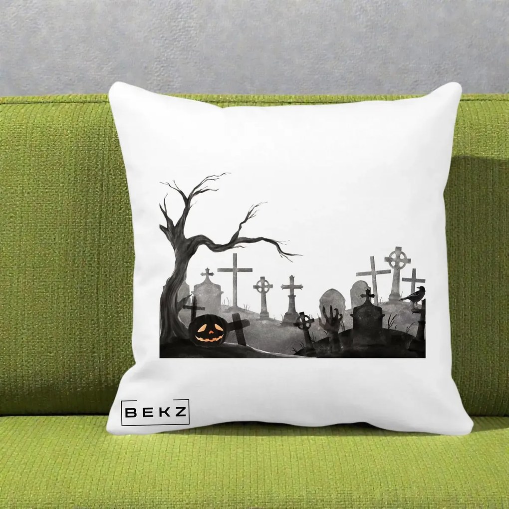 Perna Decorativa Halloween Cimitir Acuarela cu Dovleac, 40x40 cm, Alba Mata, Husa Detasabila, Perna Inclusa, BEKZ®