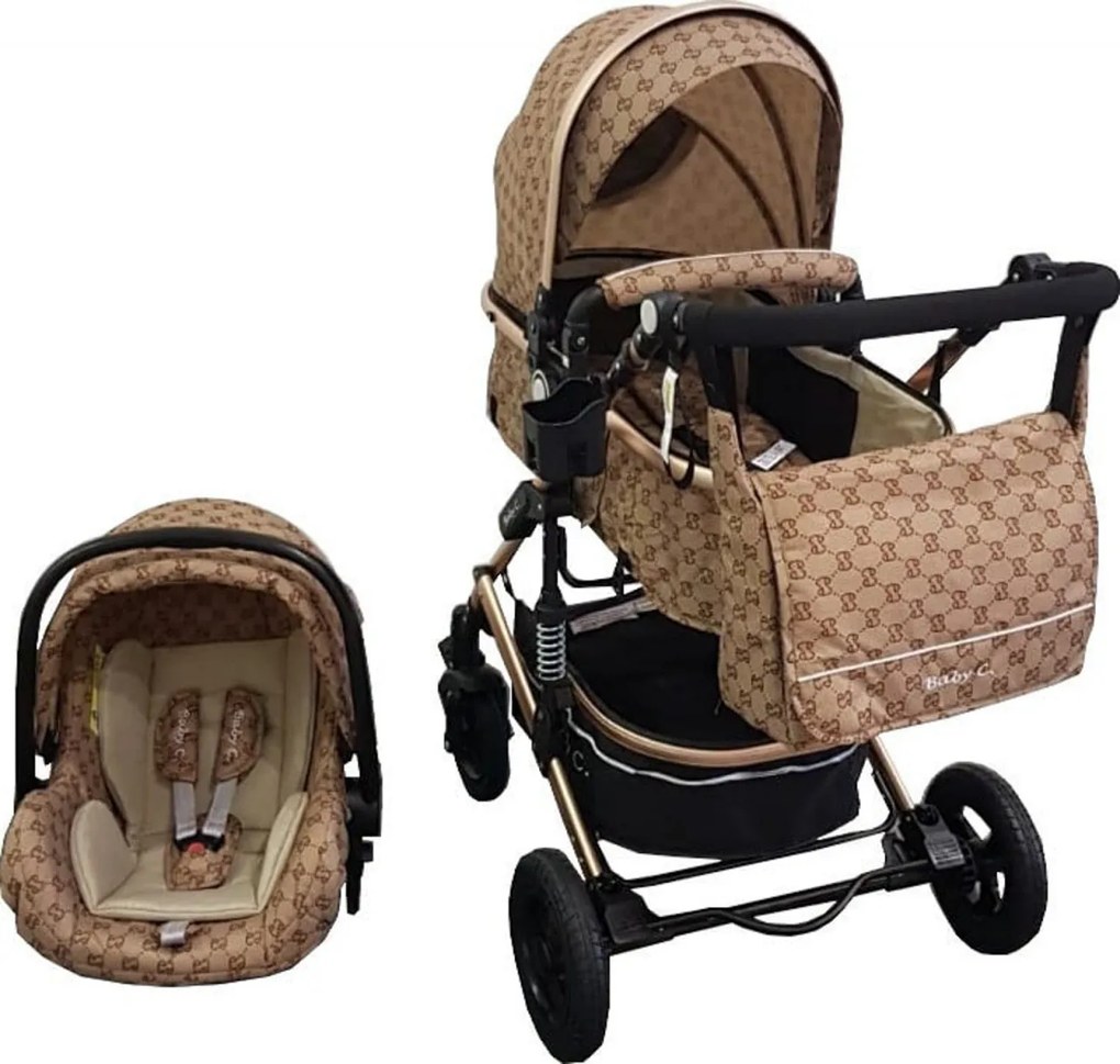 Carucior nou nascuti 3 in 1 Baby Care™ PRO 531, Cu geanta bebe, Cadru Aluminiu Gold , Amortizoare, Roti din cauciuc plin AVE, Landou, Scoica auto,