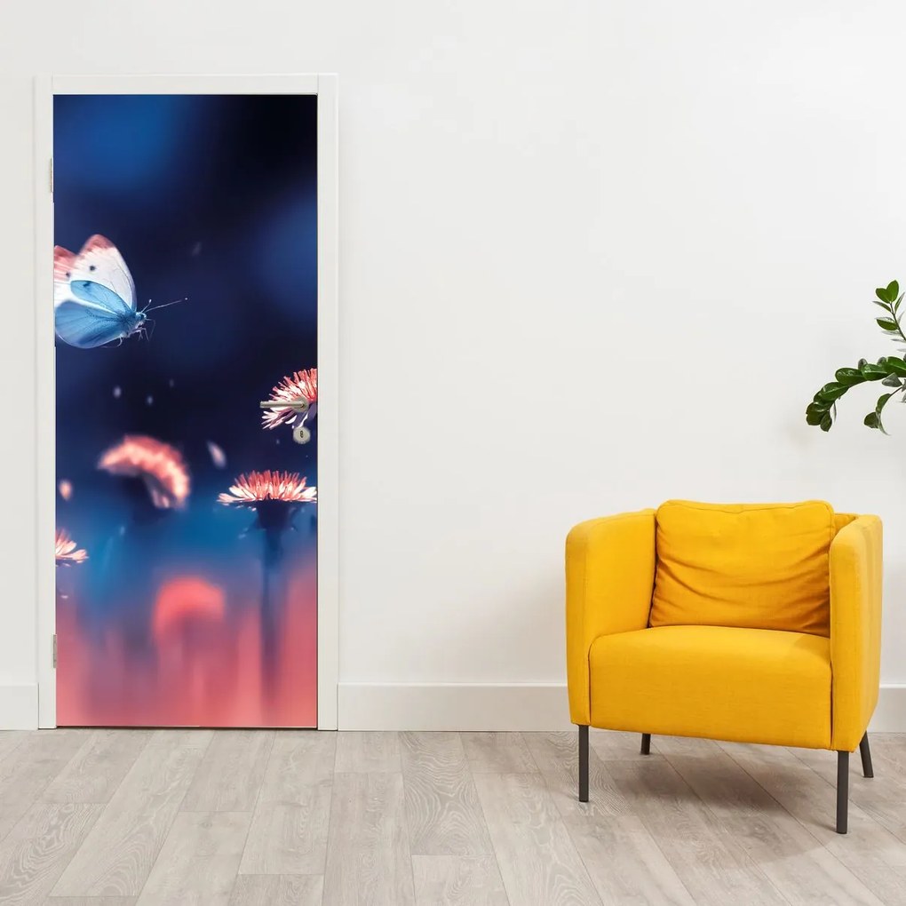 Fototapet pentru ușă - Păpădii cu fluture albastru (95x205cm)