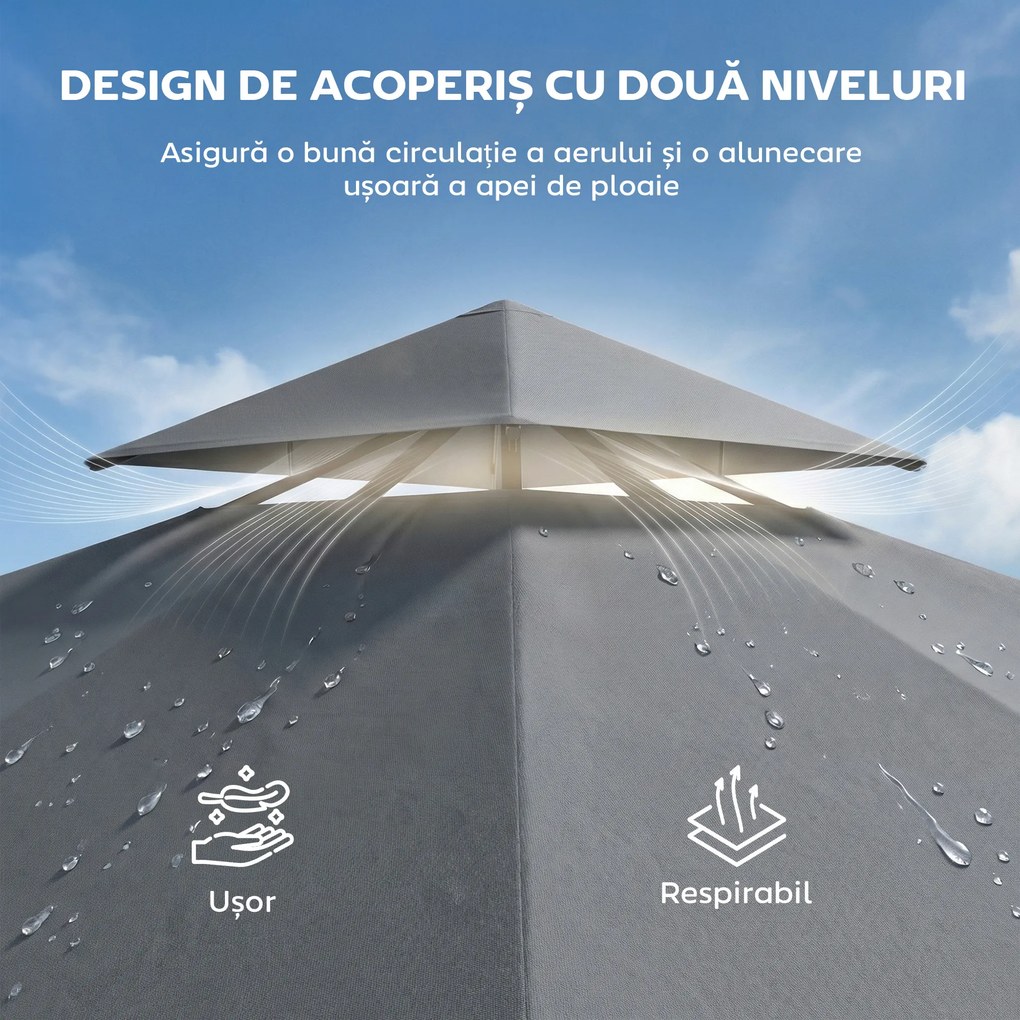 Outsunny Foișor de Grădină 3.2x3.2 m cu Acoperiș Extensibil, Foișor de Exterior cu Acoperiș Dublu Ventilat, Găuri de Drenaj, Cadru Metalic, pentru Grădină, Balcon, Petreceri, Terasă, UV30+, Gri Închis | Aosom Romania