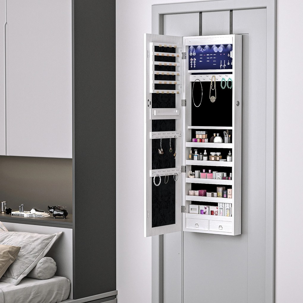 HOMCOM Oglindă pentru Bijuterii cu 6 Lumini LED și Spații de Depozitare, 37x10x120 cm, Alb | Aosom Romania