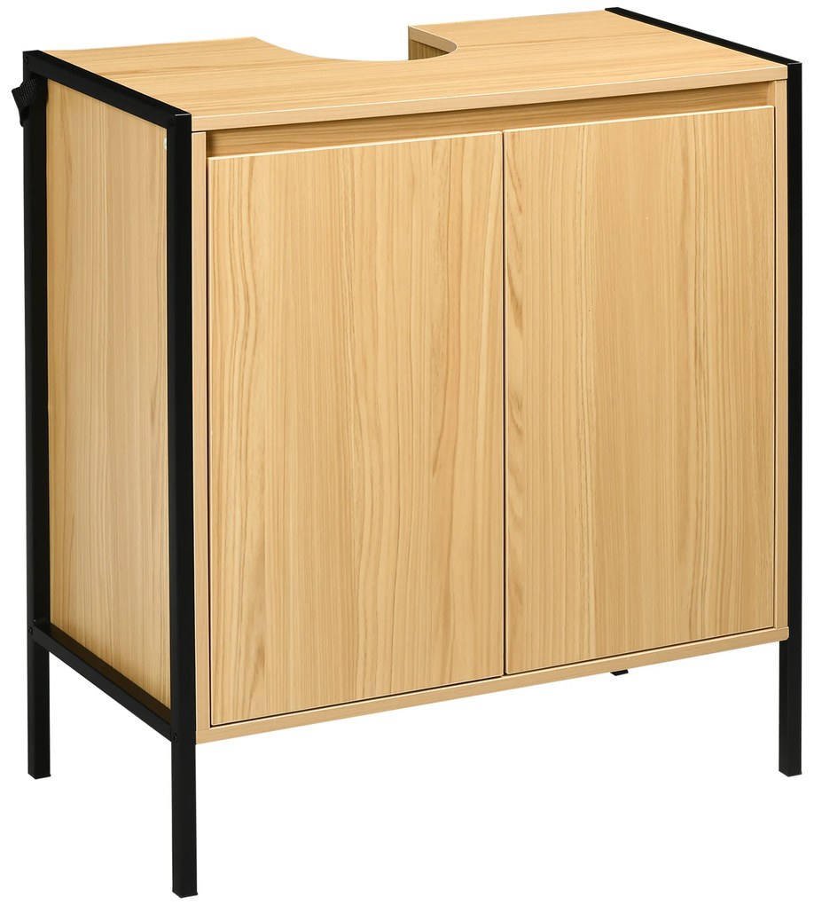 kleankin Mobilier sub chiuvetă de baie dulap sub vas dublu - 60 x 30 x 62,5 cm - Negru și Culoare Lemn | Aosom Romania