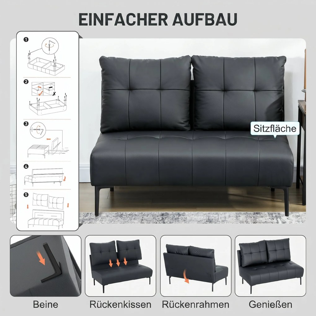 HOMCOM Divan cu Două Locuri Compact din Piele Sintetică, Divan Modern Capitonat cu Nasturi cu Îmbunătățire Spumoasă și Picioare din Lemn, Canapea Fără Brațe pentru Sufragerie și Birou, 115x73x83 cm, Negru | Aosom Romania