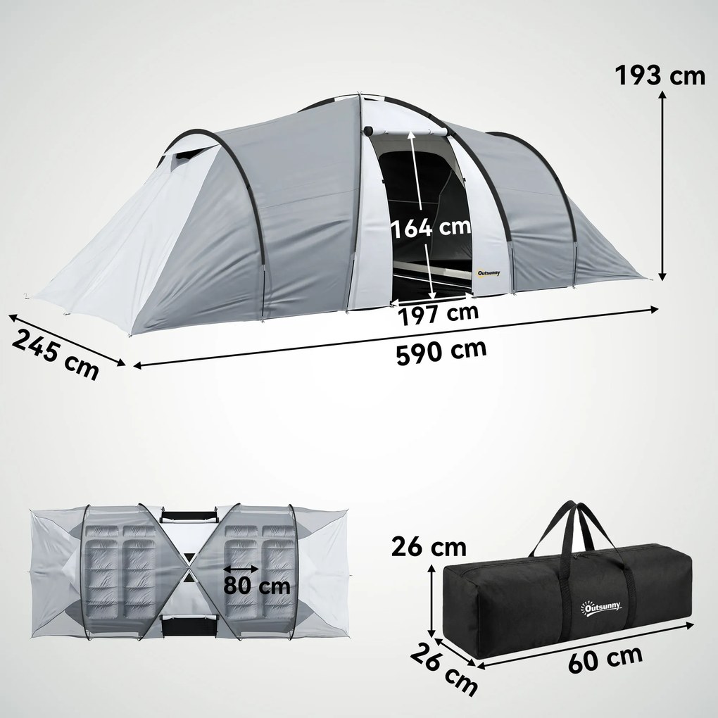 Outsunny Cort Camping 4-5 Persoane 2 Camere Familie Impermeabil Baldachin 590x245x193cm Gri | Aosom Romania