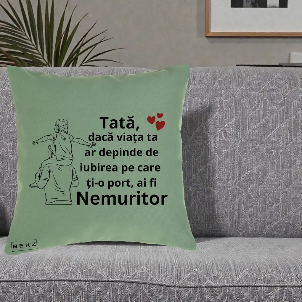 Cadou pentru Tata - Perna Personalizata Tata Supererou Nemuritor, 40x40 cm, Verde, Husa Detasabila, Perna Inclusa, BEKZ®