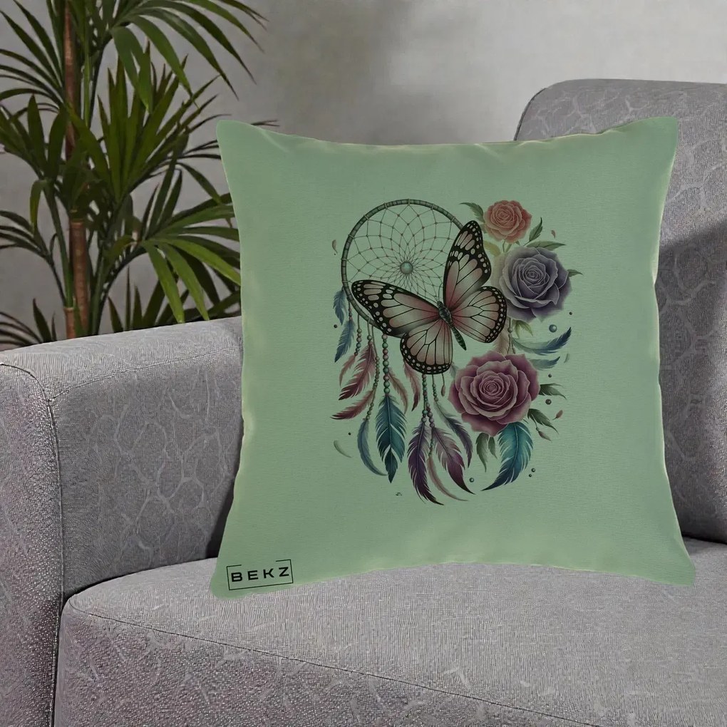 Perna Personalizata Prinzator de Vise cu Fluture si Trandafiri, 40x40 cm, Verde, Husa Detasabila, Perna Inclusa, BEKZ®