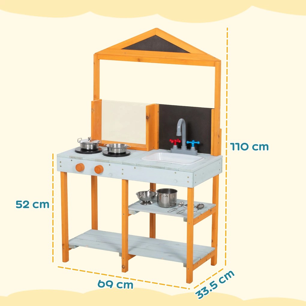 AIYAPLAY Bucătărie de noroi pentru copii, bucătărie de joacă din lemn pentru exterior cu plită, chiuvetă detașabilă, rafturi pentru copii 3-8 ani, Albastru deschis | Aosom Romania